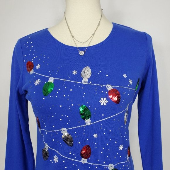 Karen Scott Fun Christmas Holiday Knit Top With Christmas Lights NWT Size SP - Picture 2 of 9